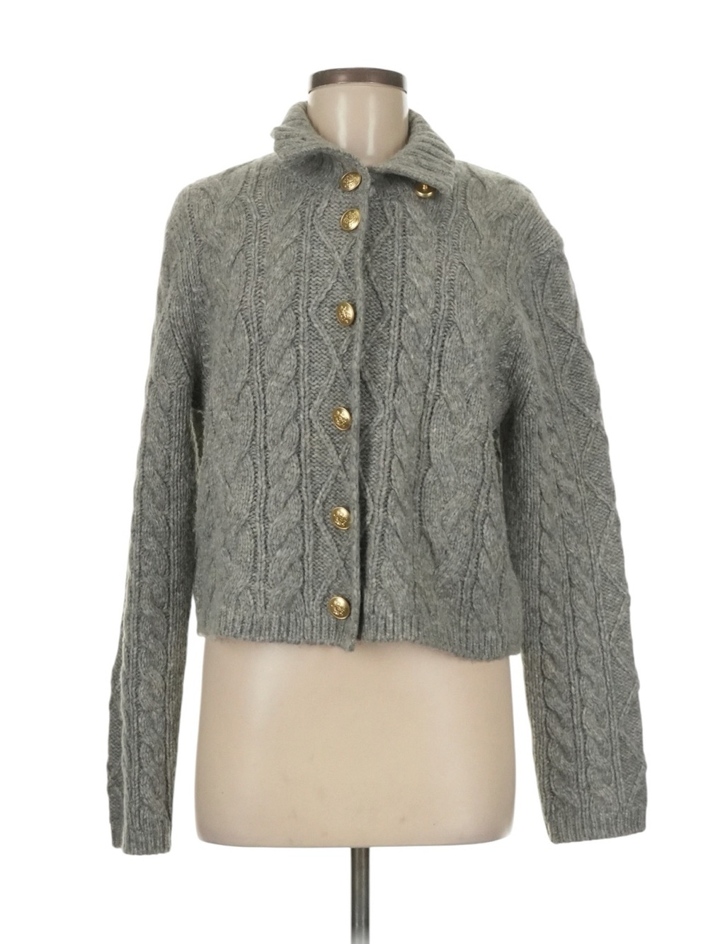 J. Crew Cable Knit Turtleneck Cardigan Size M Grey Gold Buttons Wool Alpaca
